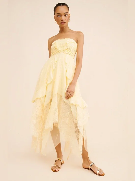 Free People Sheer Bliss Strapless Butter Yellow Lace Ruffle Maxi Dress - Picture 4 of 12